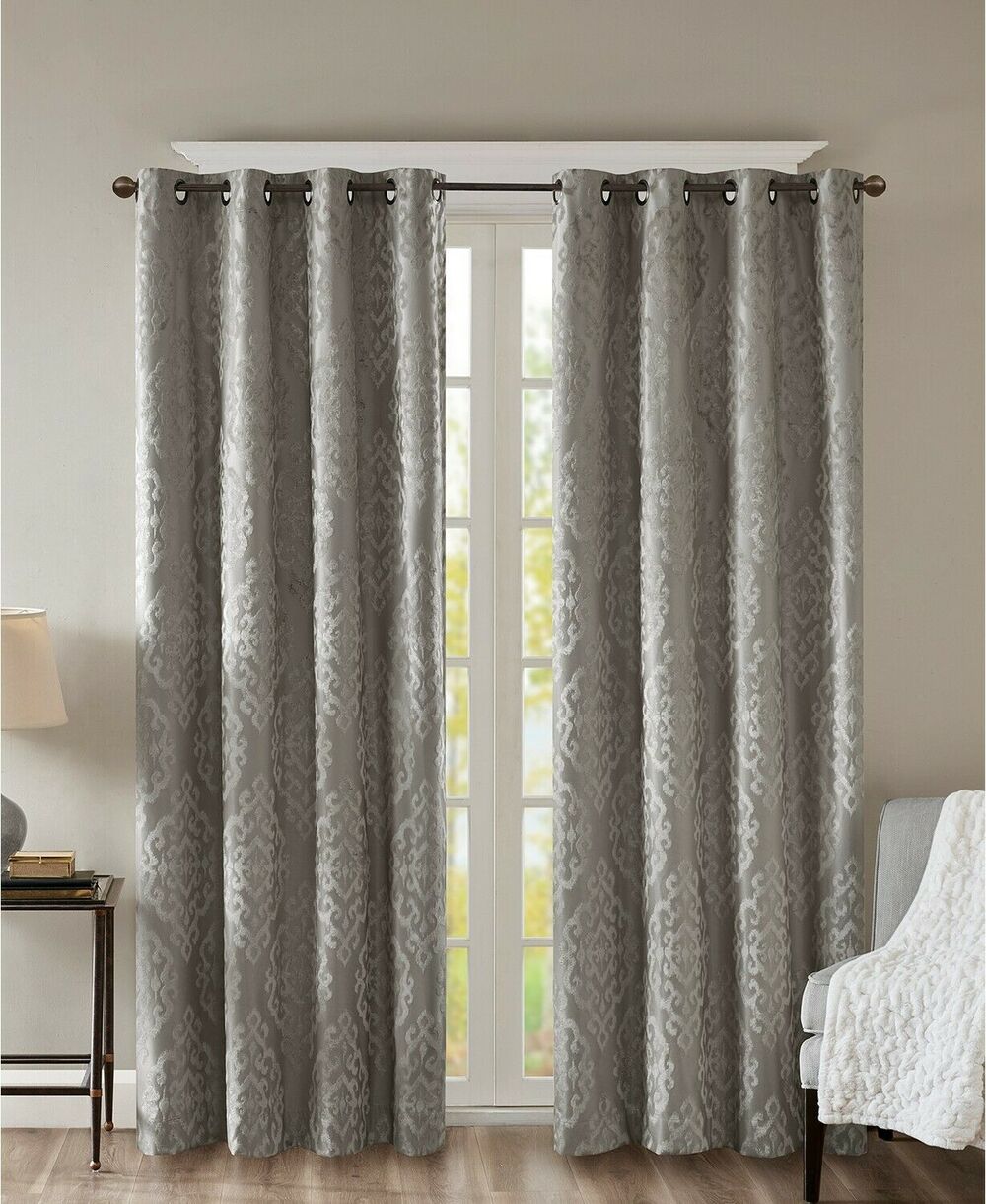 Sunsmart PAIR 50" X 84" Curtain Panel Mirage Damask Total Blackout Charcoal NEW